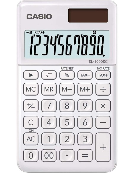 Casio SL-1000SC Calculadora de Bolso - Ecrã Extra Grande de 10 Dígitos - Alimentação Solar e a Pilhas - Cor Branca