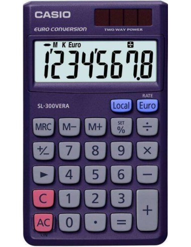 Calculadora de Bolso Casio SL-300VERA - Tela LC Extra Grande de 8 Dígitos - Função Conversor de Euros - Cor Azul Escuro