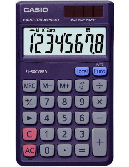 Calculadora de Bolso Casio SL-300VERA - Tela LC Extra Grande de 8 Dígitos - Função Conversor de Euros - Cor Azul Escuro
