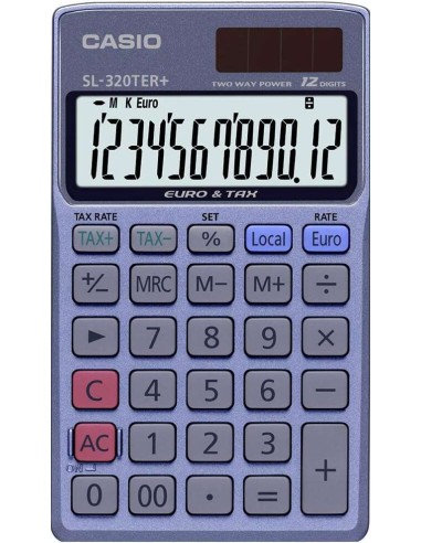 Calculadora de Bolso Casio SL-320TER+ - Tela LC Extra Grande de 12 Dígitos - Função Conversor de Euros - Cor Azul