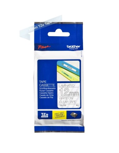 Brother TZe135 Fita Laminada Original de Etiquetas - Texto branco sobre fundo transparente - Largura 12mm x 8 metros