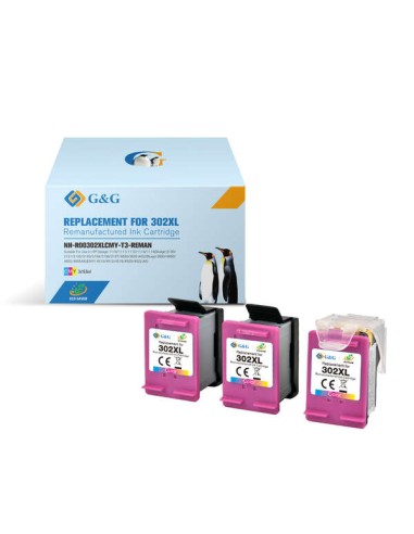 G&G HP 302XL Color Pack de 3 Cartuchos de Tinta Remanufaturados - Eco Saver - Mostra Nível de Tinta - Substitui F6U67AE/F6U65AE