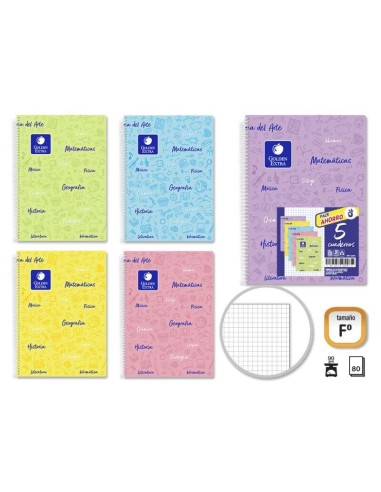 Pacote Dourado de 5 Cadernos Disciplinares Folio 80 Folhas 90g Quadriculado 4x4 - Resistente - Capa Dura - Ideal para Estudante