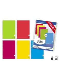 Pacote Dourado de 5 Cadernos Espiral Folio 80 Folhas Quadriculado 4x4 - Margem Destacada - Capa Normal Plastificada - Cores Sor