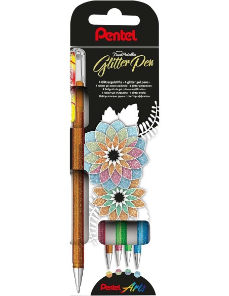 Pentel Hybrid Dual Metallic Pack de 4 Canetas Esferográficas com Tinta Gel Brilhante - Ponta 1mm - Traço 0.5mm - Cores Brilhant