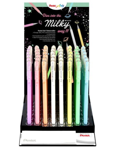 Pentel Hybrid Milky Expositor de 48 Canetas Esferográficas - Ponta Fina 0.8mm - Traço 0.4mm - Tinta de Gel Opaca - Cores Sortid