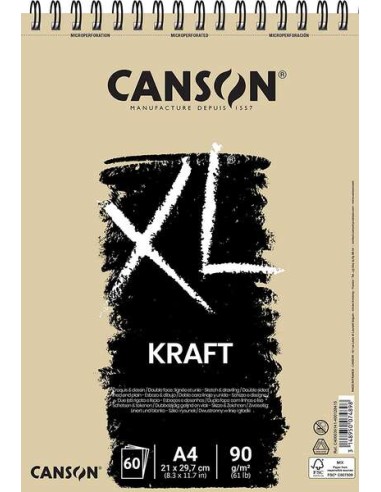 Canson XL Kraft Risca Bloco de Desenho com 60 Folhas A4 - Espiral Microperfurado - 21x29,7cm - 90g - Cor Bege