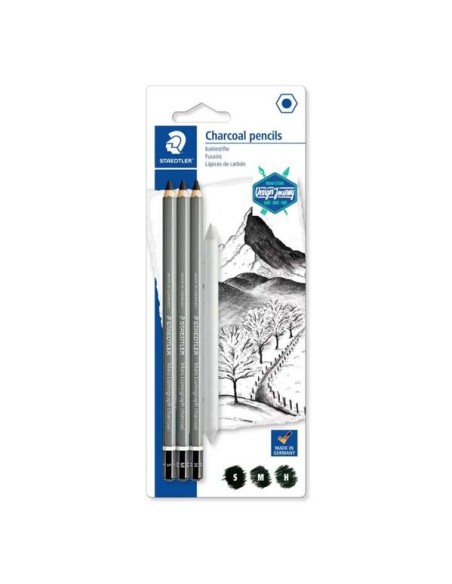 Staedtler Mars Lumograph Carvão 100C Pack de 3 Lápis de Grafite + Esfuminho - Alta Proporção de Carbono e Carvão - Graduações S