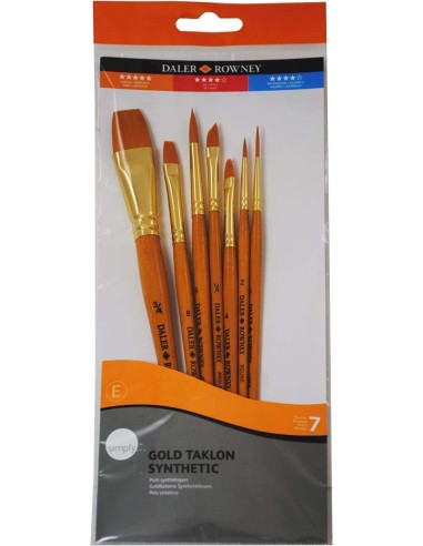 Daler Rowney Simply Conjunto de 7 Pincéis Sintéticos - Design Ergonômico - Ouro Taklon - Cor Laranja