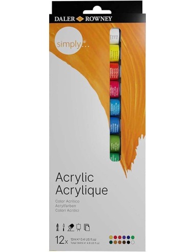 Daler Rowney Simply Conjunto de 12 Tintas Acrílicas 12ml - Secagem Rápida - Ótima Cobertura - Misturáveis - Cores Sortidas