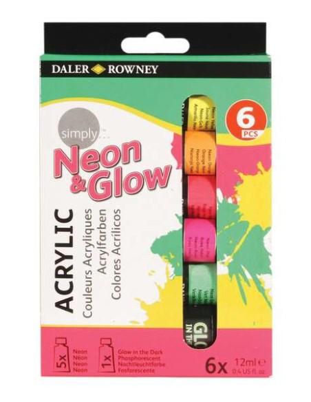 Daler Rowney Simply Conjunto de 6 Tintas Acrílicas 12ml - Cores Sortidas Neon