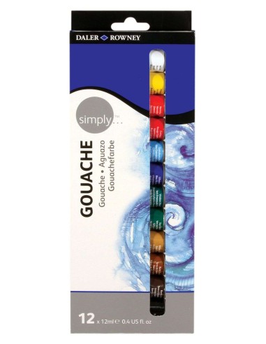 Daler Rowney Simply Conjunto de 12 Tintas Acrílicas Guache - Secagem Rápida - Base de Água - Ótima Cobertura - 12ml - Cores Sor