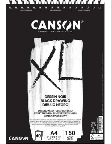 Canson XL Black Bloco de 40 Folhas A4 150g - Grão Fino - Espiral Microperfurado - Cor Preta