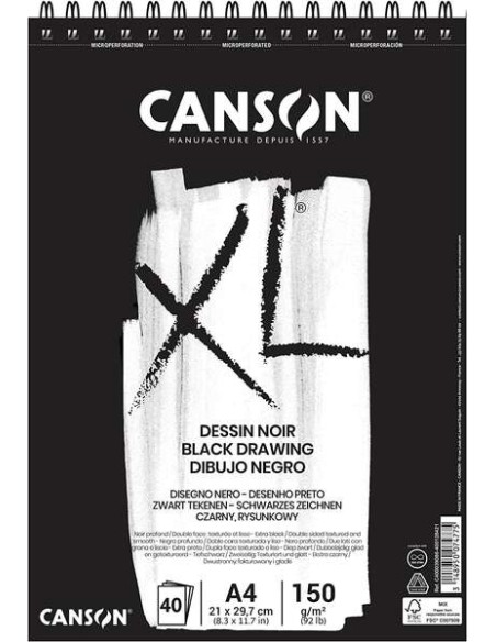 Canson XL Black Bloco de 40 Folhas A4 150g - Grão Fino - Espiral Microperfurado - Cor Preta