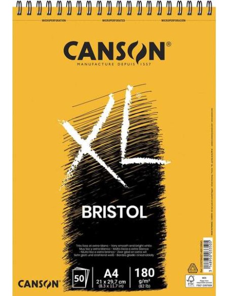 Canson Bloco XL Bristol Extraliso A4 de 50 Folhas 180g - Acabamento Satinado - Muito Resistente - Cor Branca