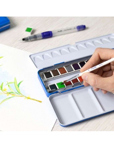 Estojo Metálico Milan Art com 12 Pastilhas de Aquarela - Opaques e Resistentes à Luz - Misturáveis - Bandeja Rebatível - Cores 