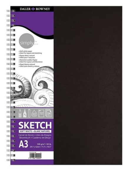 Daler Rowney Simply Caderno de Desenho A3 - Capa Dura com Encadernação em Espiral 100g/m2 - Cor Branca