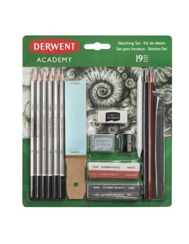 Derwent Academy Sketching Pack com 6 Lápis de Grafite de Durezas Variadas, 2 Blocos de Grafite, 2 Barras de Desenho sem Madeira