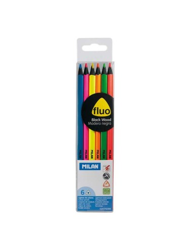Milan Fluo Pack de 6 Lápis Triangulares de Cores - Mina 2.9mm - Ergonômicos - Resistentes à Quebra - Madeira de Tília - Cores S