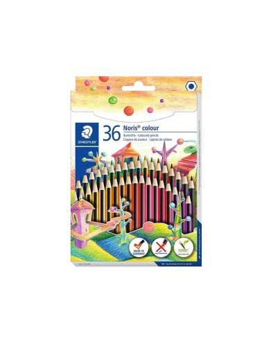 Staedtler Noris Colour 185 Pack de 36 Lápis Hexagonais de Cores - Fabricados em Wopex - Muito Resistentes - Madeira de Fontes S