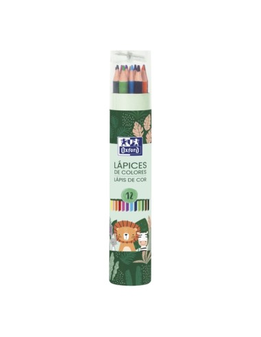 Oxford Animal Besties Tubo de 12 Lápis de Cor + Apontador - Fabricados em Madeira - Lápis Decorados com Desenhos de Animais - C