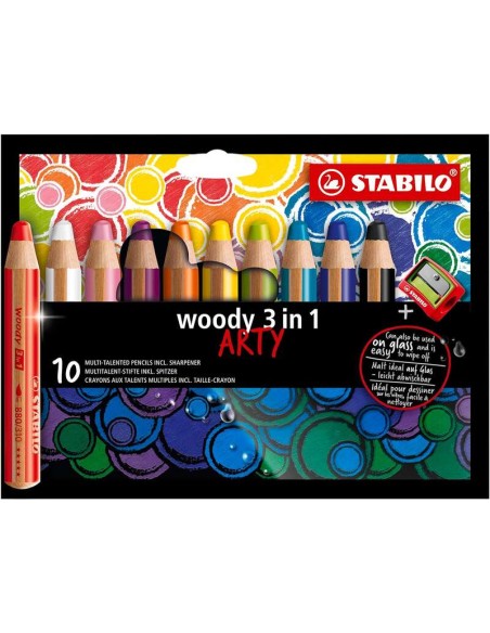 Stabilo Woody 3 em 1 Arty Pack de 10 Lápis de Cor + Apontador - Lápis de Cor, Cera e Aquarela, Tudo em Um - Mina XXL 10mm - Cor