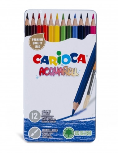 Carioca Acquarell Pack de 12 Lápis Aquareláveis - Caixa de Metal - Efeito Aquarela com Água e Pincel - Cores Intensas e Brilhan