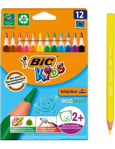 Bic Kids Evolution Triangle Pack de 12 Lápis de Cor Triangulares - Ponta Ultra-resistente - Sem Madeira