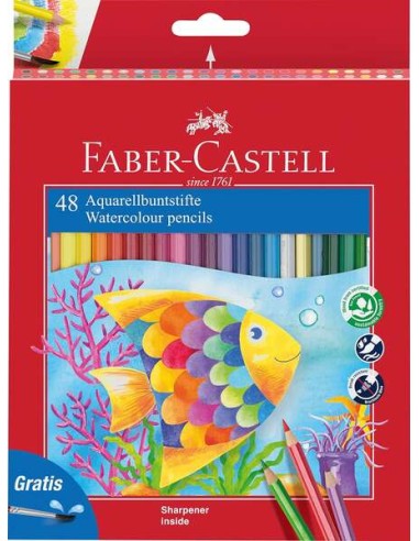 Faber-Castell Classic Colour Aquarelável Pack de 48 Lápis de Cor Hexagonais Aquareláveis + Pincel - Resistência à Quebra - Core