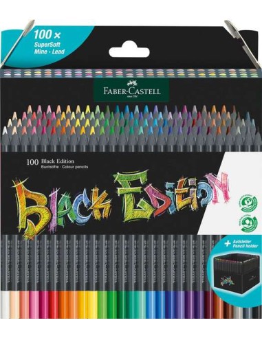 Faber-Castell Black Edition Pack de 100 Lápis de Cor - Mina Supermacia - Madeira Negra - Ideais para Desenho em Papel Claro, Es