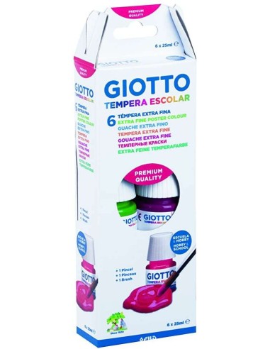 Giotto Têmpera Pack de 6 Frascos de 25 ml. + Pincel - Base Água - Excelente Cobertura - Cores Sortidas