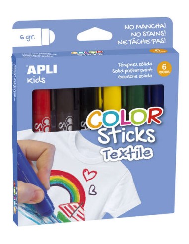 Apli Color Sticks Têxtil Pack de 6 Têmperas Sólidas 6g para Uso em Têxtil - Secagem ao Ar em 12 Horas - Sem Solventes - Para Cr