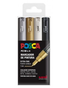 Posca PC1M Pack de 4 Marcadores de Pintura - Ponta Cônica de 0.7mm - Tinta à Base de Água - Não Permanente - Resistente à Luz -