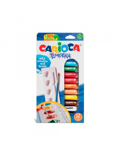 Carioca Pack com 12 Tubos de Têmpera 10ml + Pincel e Paleta - Alto Poder de Cobertura - Aplicável em Materiais Porosos - Cores 