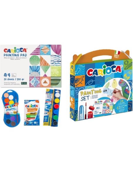 Conjunto de Pintura Carioca Pack com 12 Aquarelas, 6 Têmperas e 6 Têmperas Sólidas + Bloco com 20 Folhas A4 - Cores Sortidas