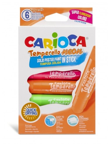 Carioca Temperello Neon Pack de 6 Têmperas Sólidas - Cores Brilhantes e Laváveis - Grande Cobertura - Fáceis de Misturar - sem 