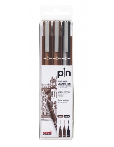 Uni-ball Uni Pin Pack de 3 Marcadores Calibrados 0.1, 0.5 - Ponta Poliacetal - Tinta Pigmentada Resistente à Água e Luz - Ideal