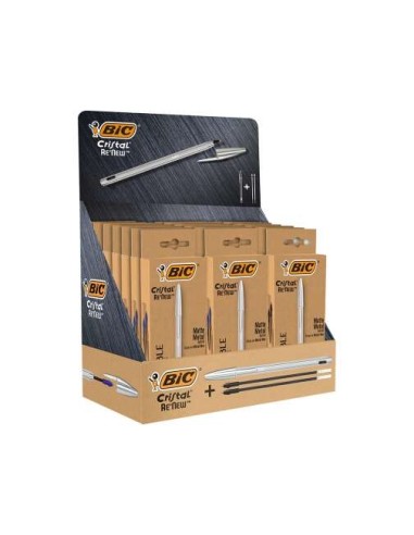 Bic Cristal Re'new Expositor com 21 Canetas Esferográficas com Corpo Metálico + 2 Recargas - 15 Tinta Azul e 6 Tinta Preta - Po