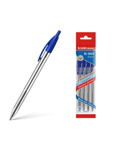 Erichkrause Pack de 4 Canetas Automáticas R-301 Classic Matic 10 - Ponta Padrão de 10mm - Tinta de Secagem Rápida - Cor Azul