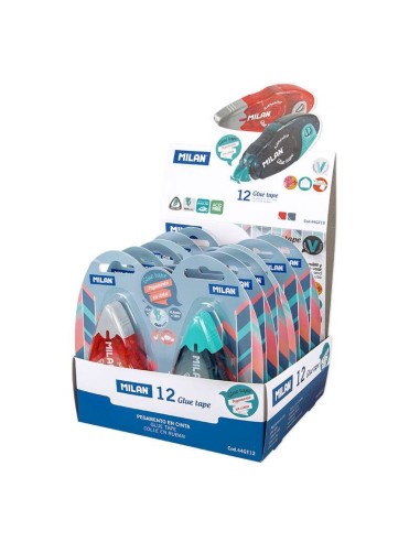 Expositor Milan com 12 Fitas de Cola 8,4mm x 12m - Design Ergonômico - Secagem Rápida - Ideal para Artesanato - Cores Sortidas