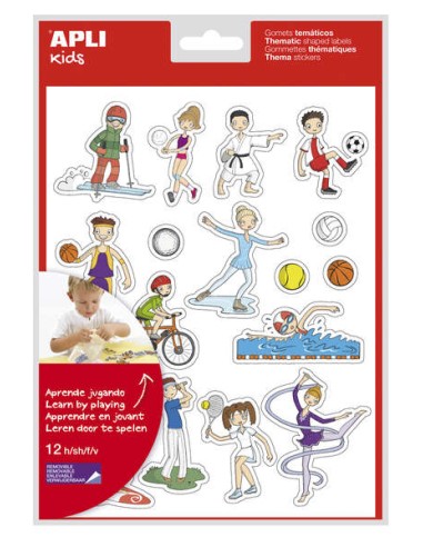 Apli Bolsa de Gomets Temáticos Desportos - 204 Gomets em 12 Folhas - Ilustrações Divertidas para Enriquecer Vocabulário e Habil