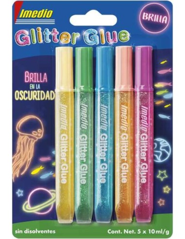 Imedio Cola com Glitter "Brilha no Escuro" Pacote com 5 Tubos de Cola com Purpurina 10ml - Brilha no Escuro - Para Diferentes M