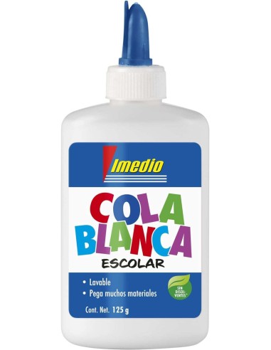 Imedio Cola Branca Escolar 125g - Sem Solventes - Frasco Macio Ideal para Crianças - Com Espátula Incorporada