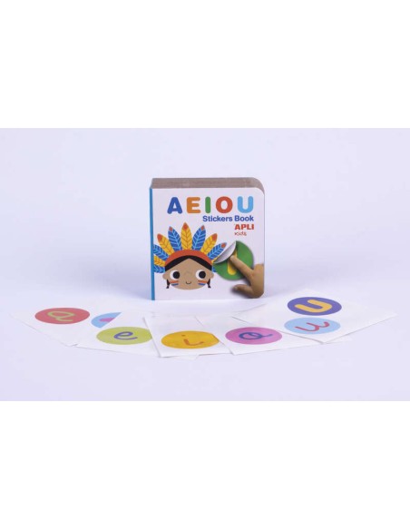 Apli Livro de Adesivos Educativo Vogais - Tamanho 100x100x40 - 10 Páginas de Cartão Rígido de 3mm - 5 Folhas de Adesivos Removí