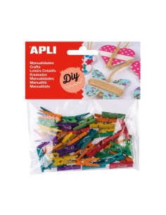Apli Pack de 45 Mini Pregadores de Madeira Natural 25 x 3 mm - Cores Sortidas