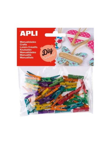 Apli Pack de 45 Mini Pregadores de Madeira Natural 25 x 3 mm - Cores Sortidas