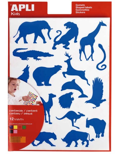 Apli Gomets Animais Selvagens - 204 Unidades por Saco - Formas de Elefante, Tigre, Girafa e Mais - Adesivo à Base de Água e Mat