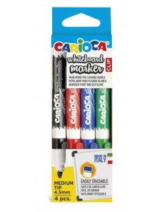 Carioca Whiteboard Clip Pack de 4 Marcadores Apagáveis para Quadros Brancos - Ponta Média - Ponta de Ø 4.5mm - Tampa com Clip -