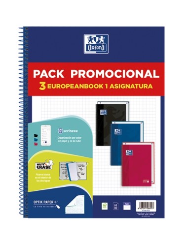 Oxford Europeanbook 1 Classic Pack de 3 Cadernos Espiral Formato A4+ Quadriculado 5x5mm - 80 Folhas 90g - Capa Dura Toque Suave