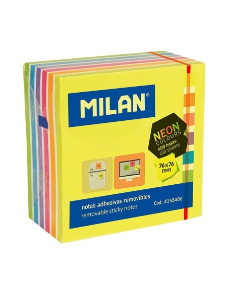 Bloco Milan de 400 Notas Adesivas Neon - Removíveis - 76mm x 76mm - Cores Sortidas